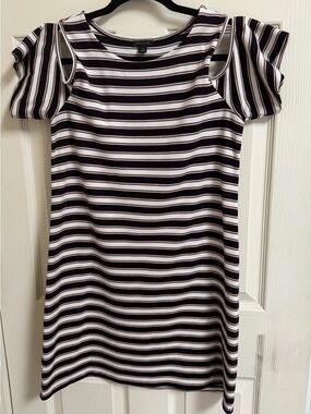Ann Taylor Navy, Black & White Striped Cold-Shoulder Mini Dress